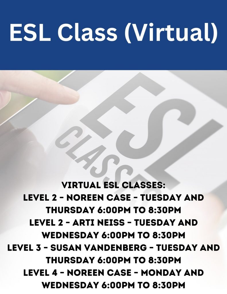 FREE English as a Second Language (ESL) Class. Come Tuesday evenings from  5:30pm to 8:00pm in Room 9.